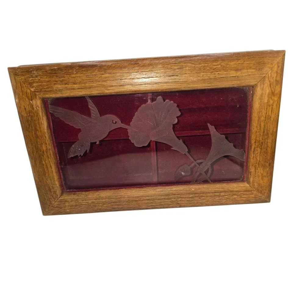 Willits Co. Wood & Humming Bird Etched Glass Jewelry Music Box Beautiful Dreamer